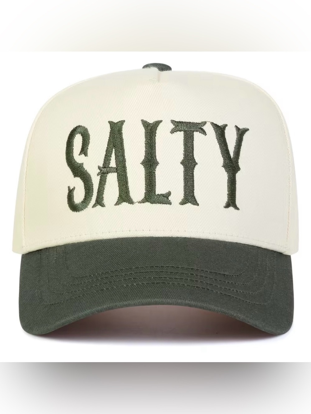 "SALTY" Embroidered Two-Tone Trucker Hat - Cream & Dark Green